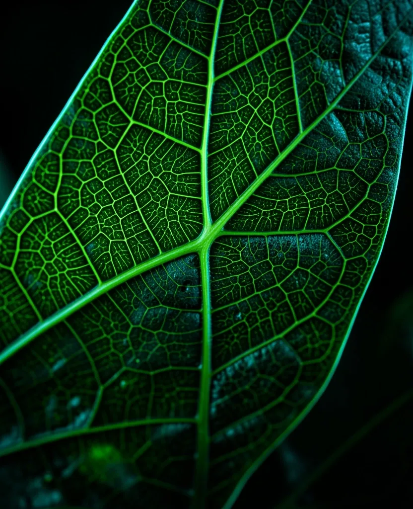 Macro view of a tropical leaf with visible vein structure