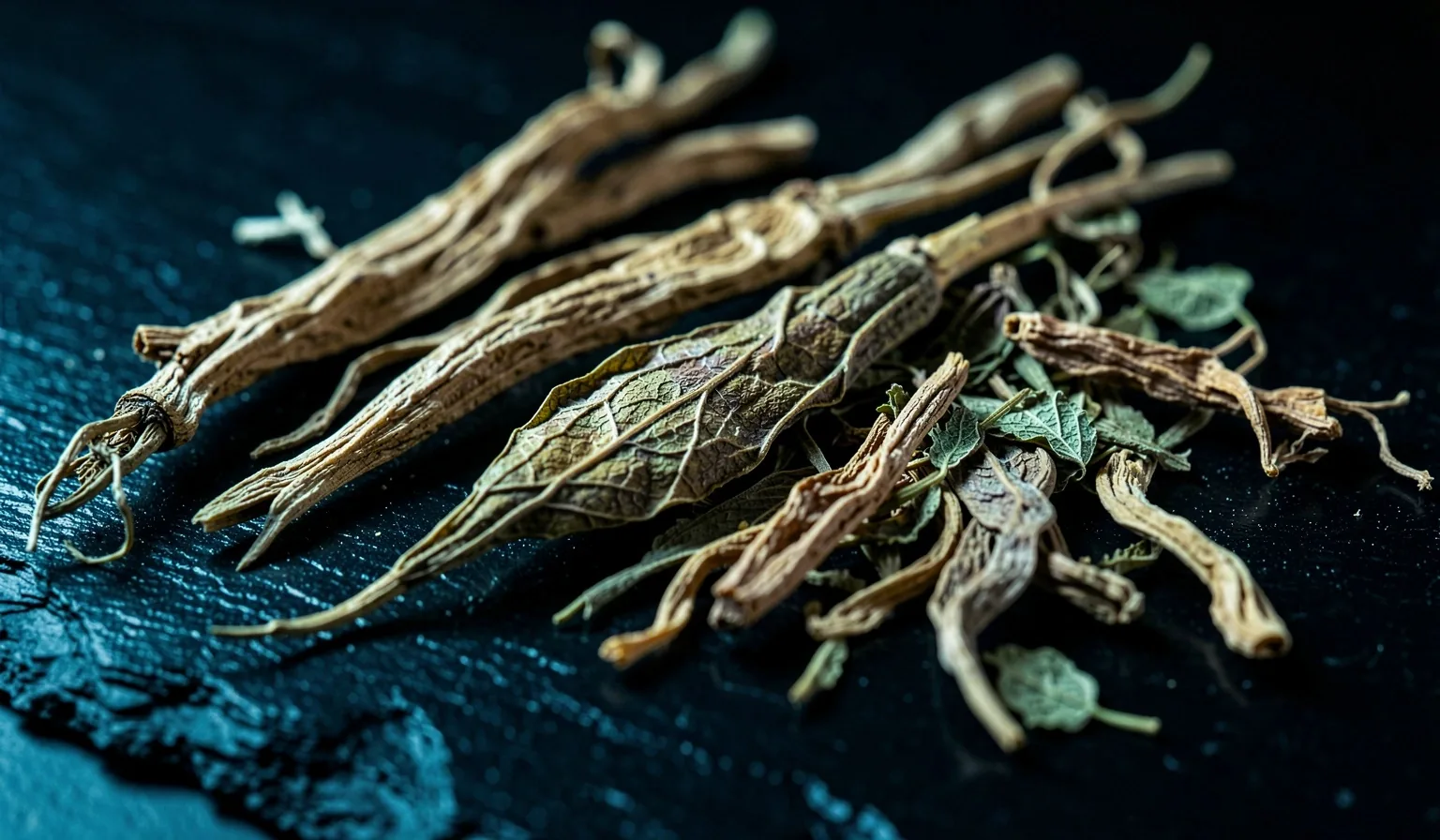 Raw natural botanical ingredients on a dark surface