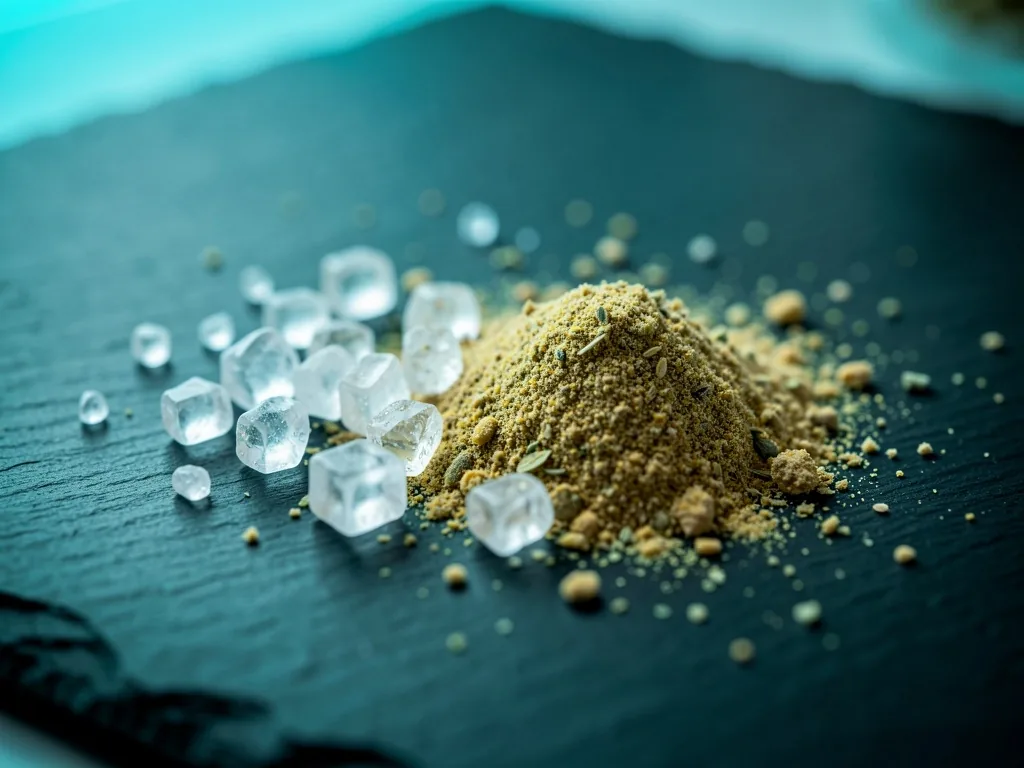 Vitamin crystals and botanical powder on a dark surface