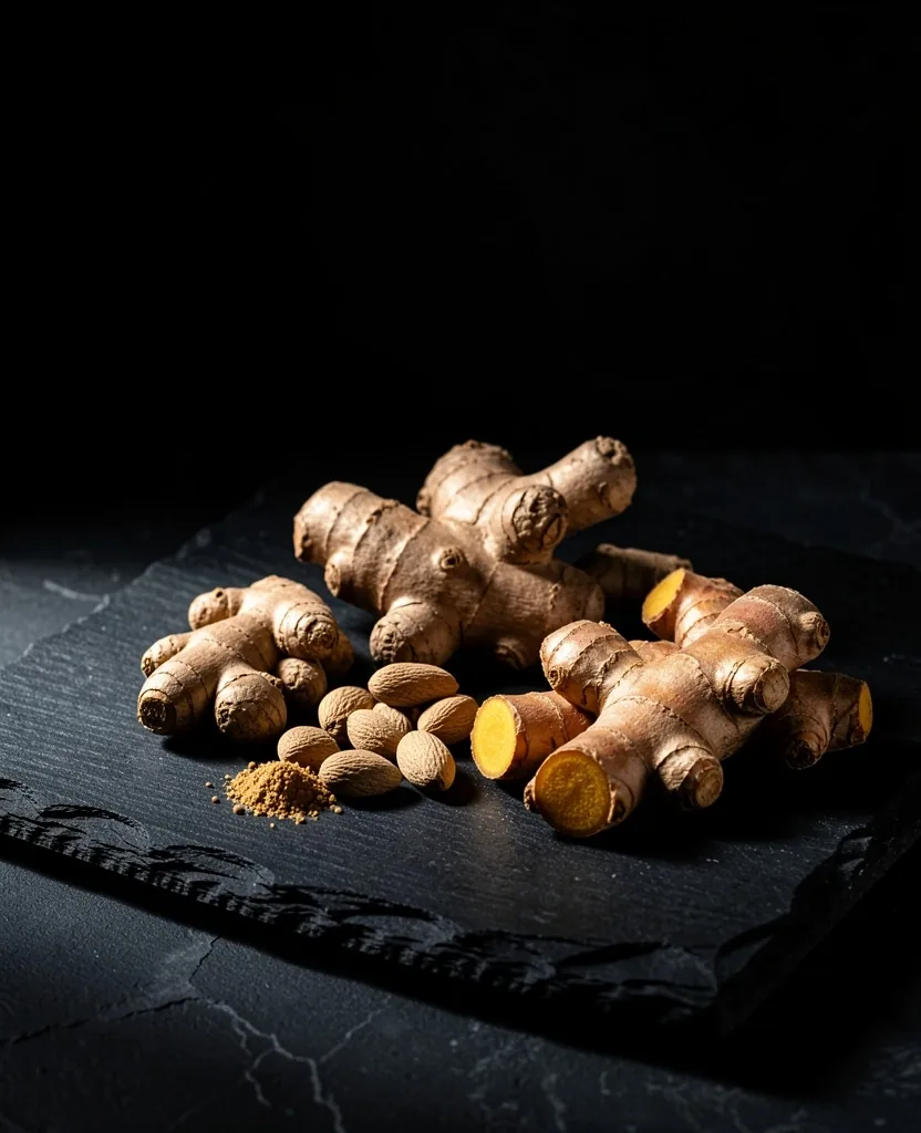 Natural supplement ingredients on dark stone