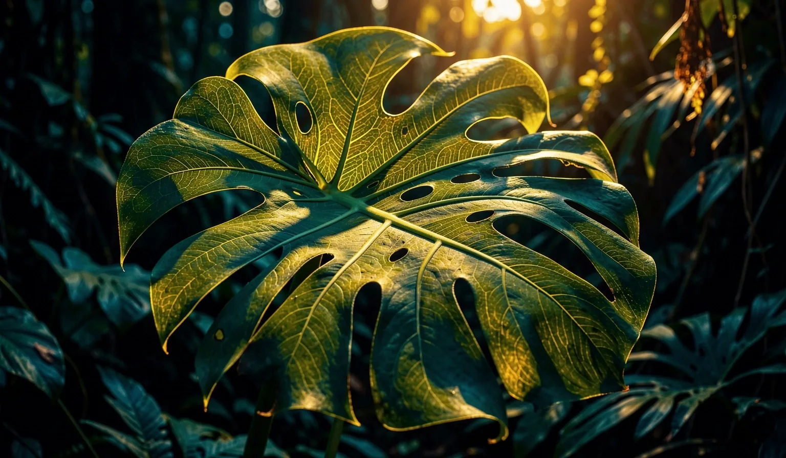 Sunlit tropical leaf showing vein structure