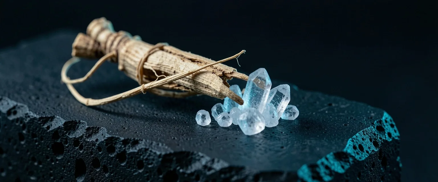 Dried ginseng root and mineral crystals on dark stone
