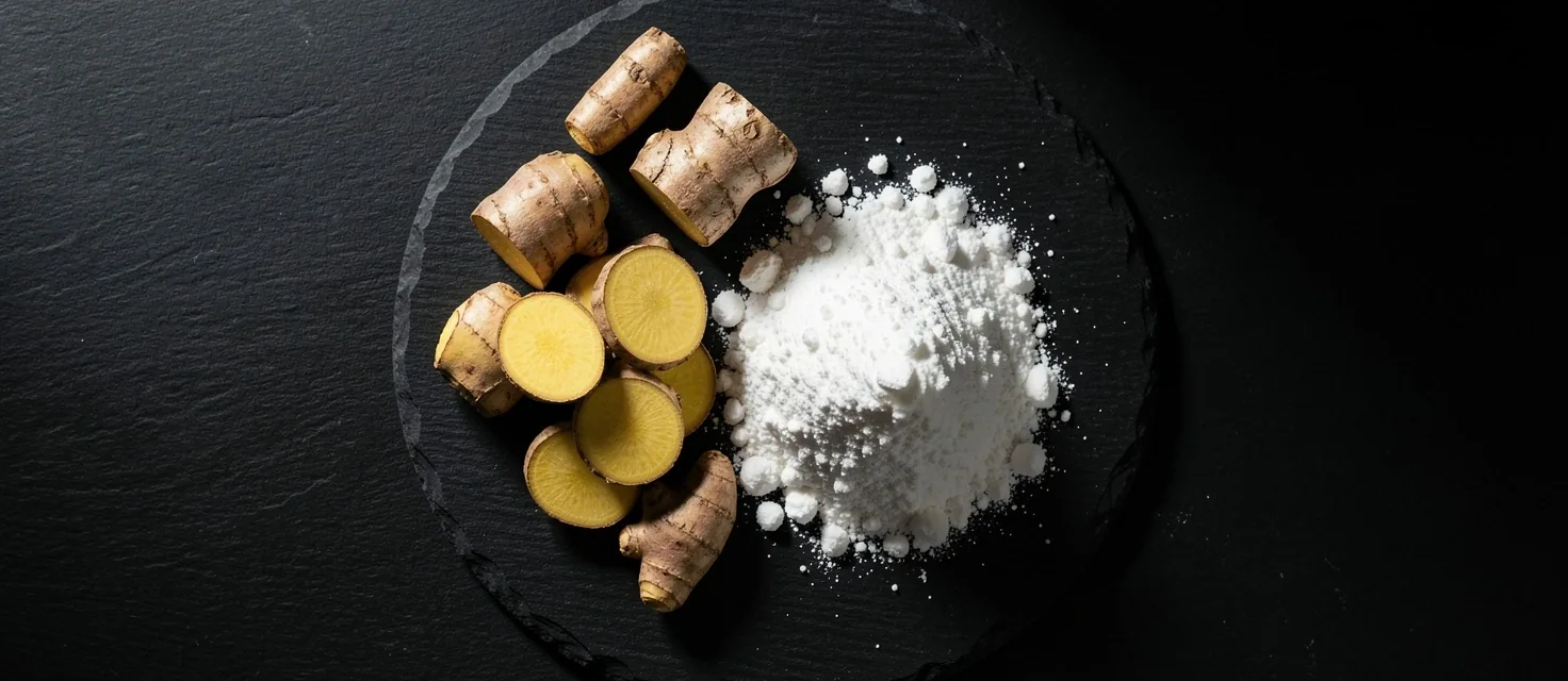 Raw botanical ingredients and vitamin powders on a dark surface
