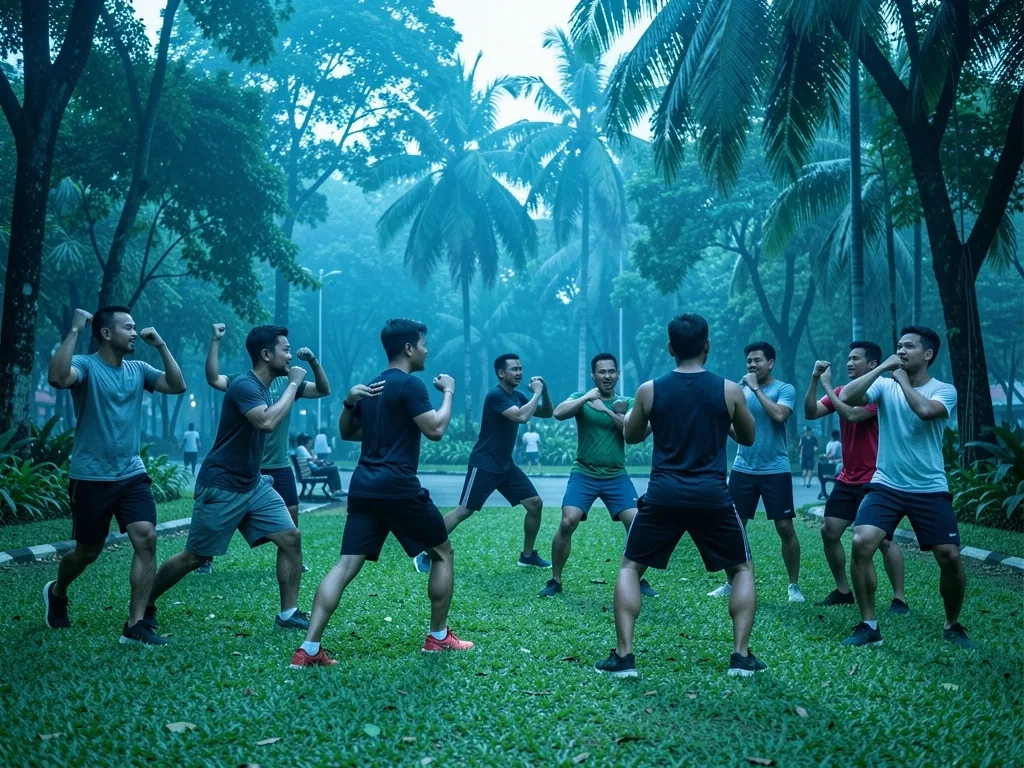 Indonesian men exercising together at an outdoor park
