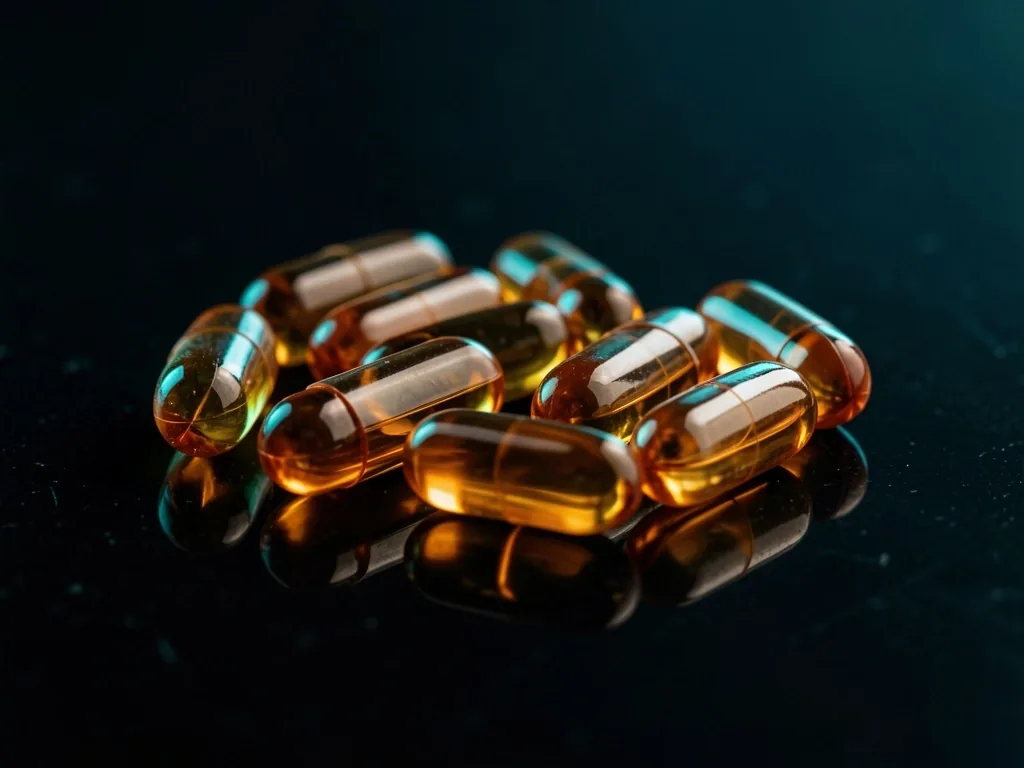 Natural supplement capsules on a dark surface