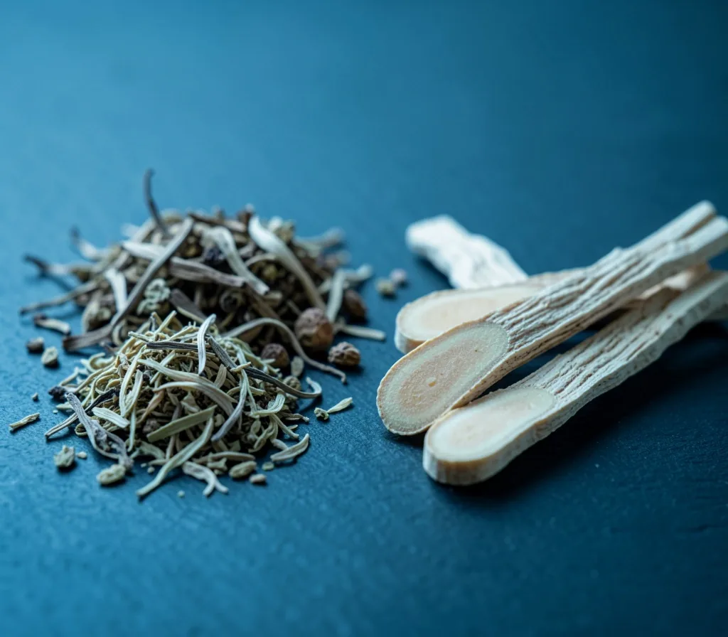 Dried botanical root extracts arranged on a dark surface
