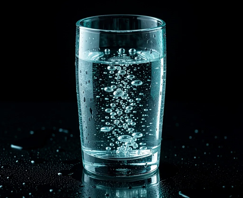 Glass of water with dissolving mineral crystals on a dark surface