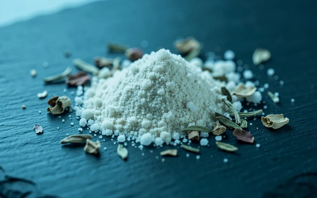 Natural botanical extract powder in a dark clinical setting